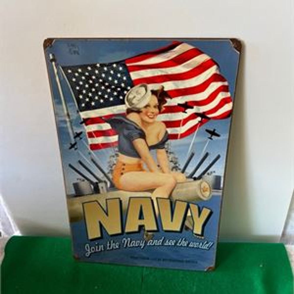 Vintage Style US Navy Recruiting Metal Sign Pin-Up Sailor Girl Tin Wall Art 8x12